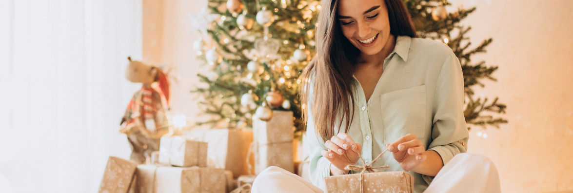 Woman Wrapping Healthy Holiday Gifts