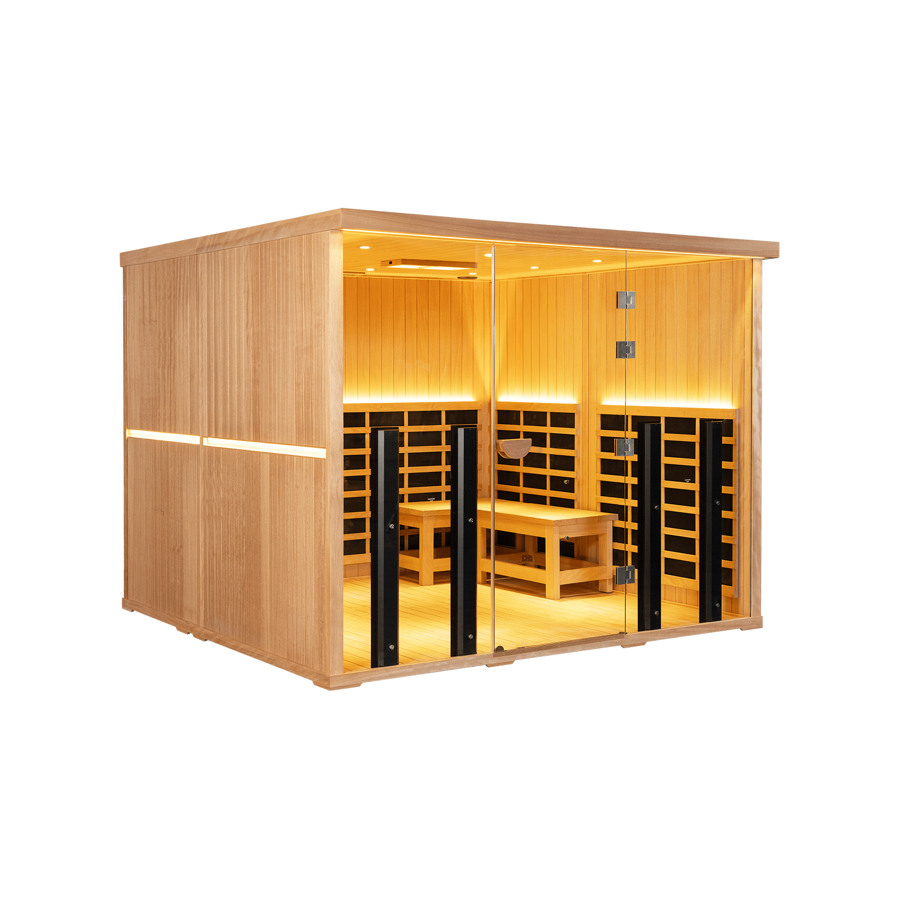 Wooden sauna cabin with glass door and warm interior lighting, benches along the walls, and a simple, modern design.