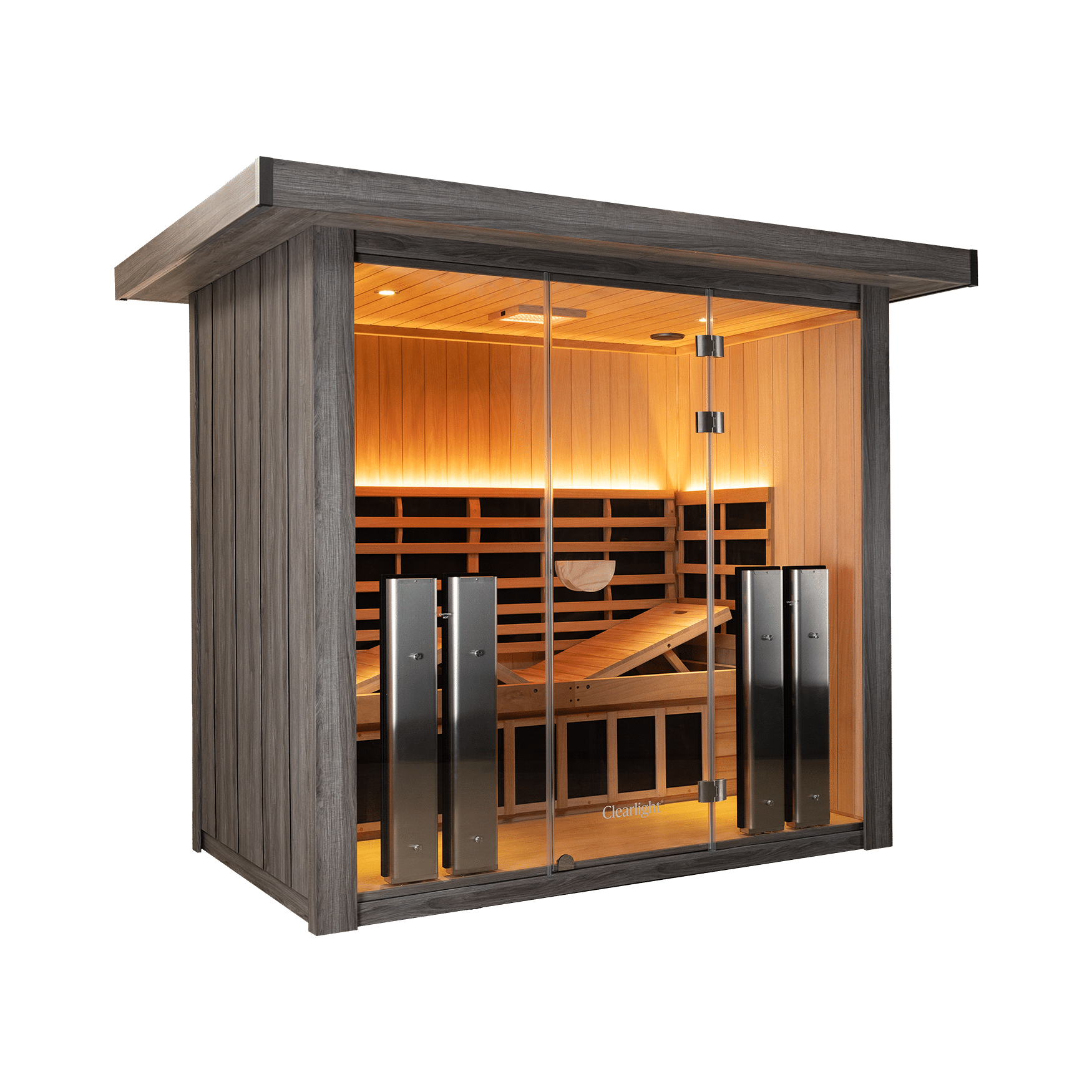 Wood-framed sauna with glass doors and warm, wooden interior seating visible inside.