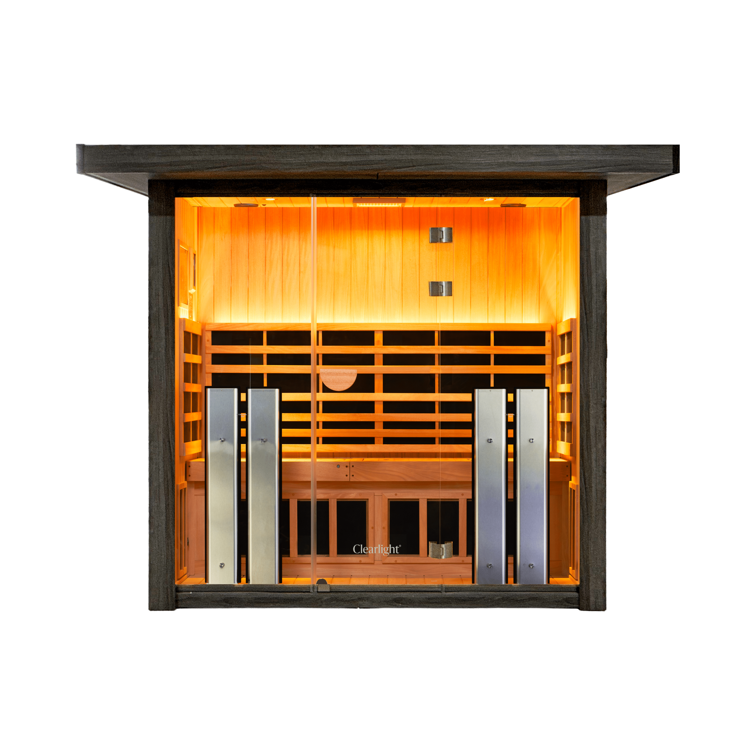 Open sauna cabin with bright orange wooden interior and bench seating visible through a glass door.