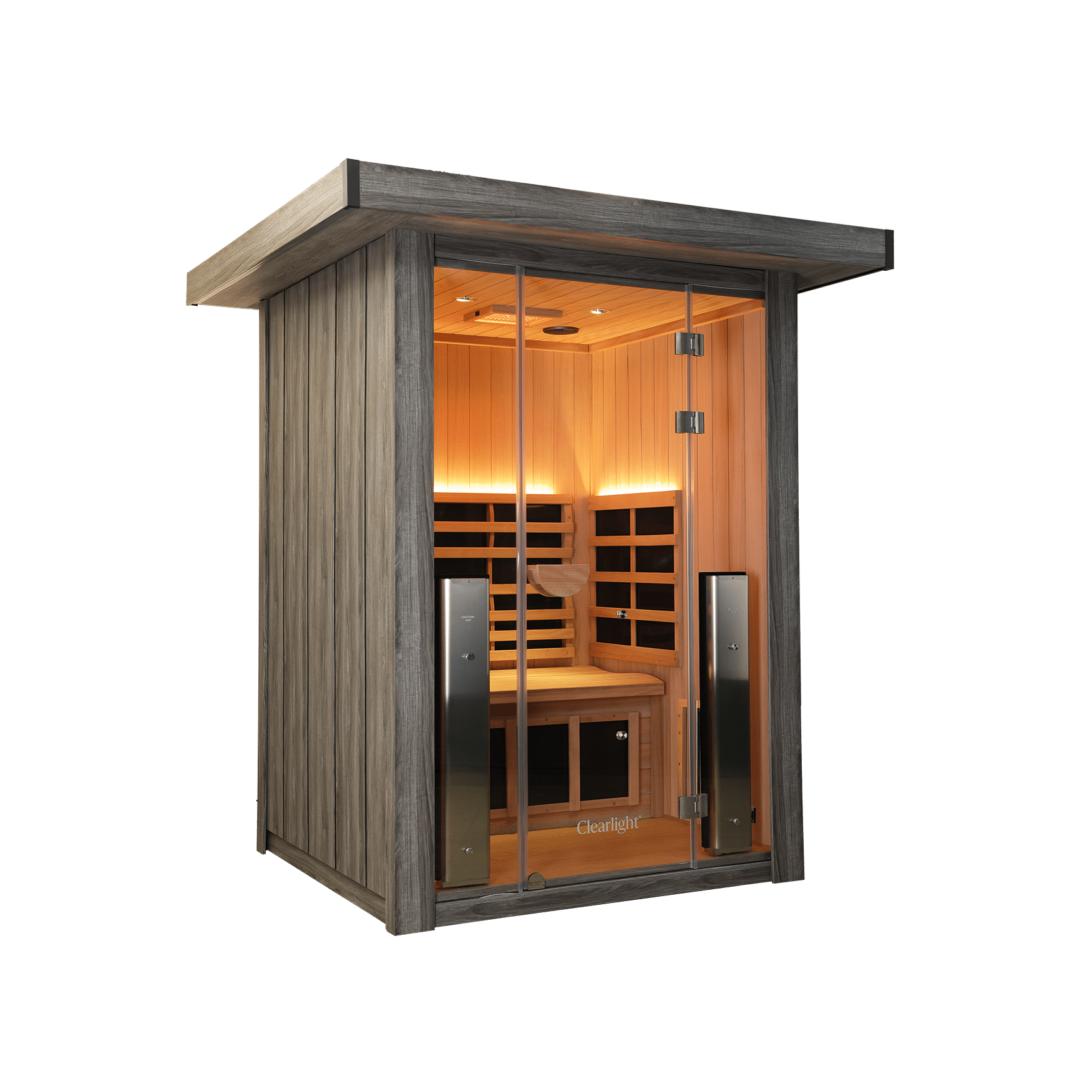 Wooden sauna cabin with glass door and warm interior lighting