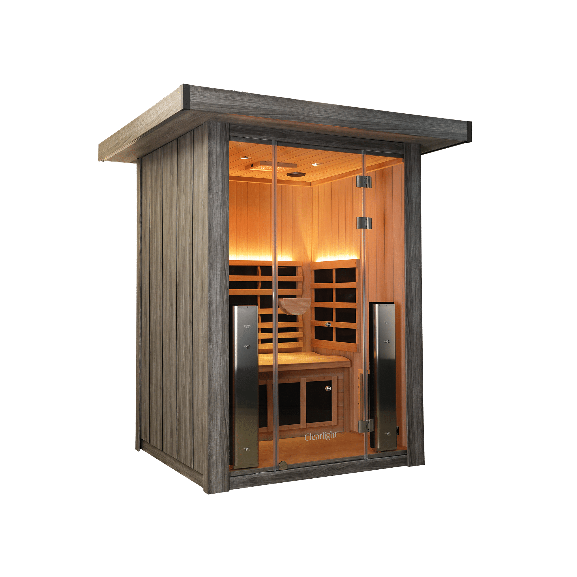 Sauna cabin with glass door, warm orange wood interior and dark exterior frame.