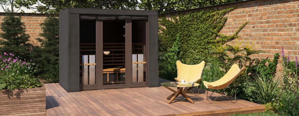 Clearlight Outdoor Sauna with Outdoor Cover in Back Yard