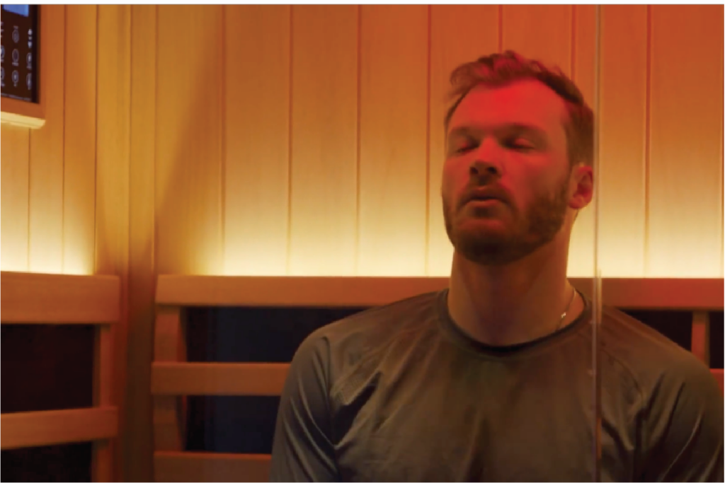 Man getting into a relaxed state inside sauna