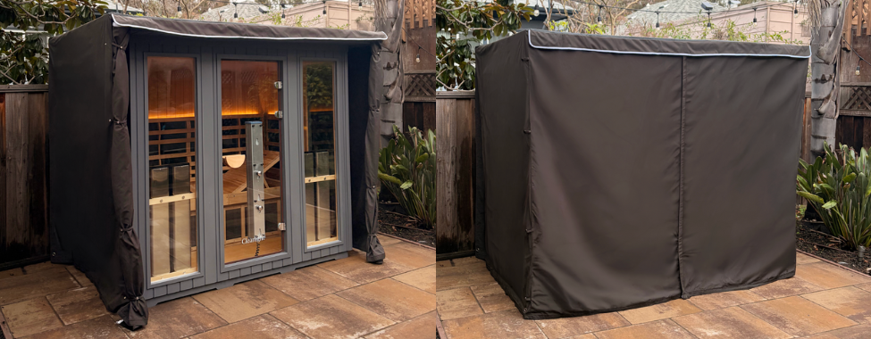 Clearlight Sanctuary 5 Outdoor Sauna with Sauna Cover on Patio