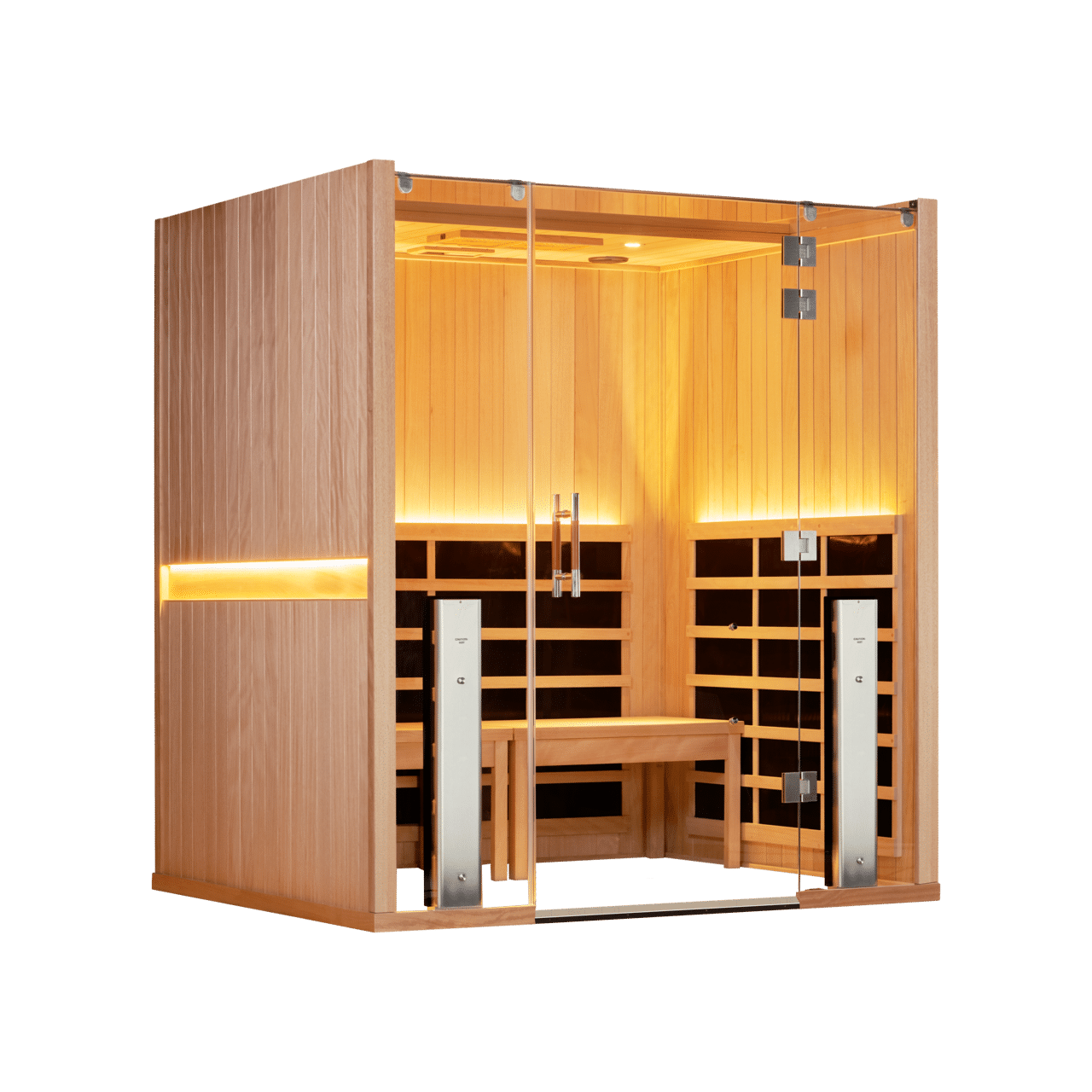 Wooden sauna cabin with glass doors and built-in benches, warm interior lighting glowing from above.