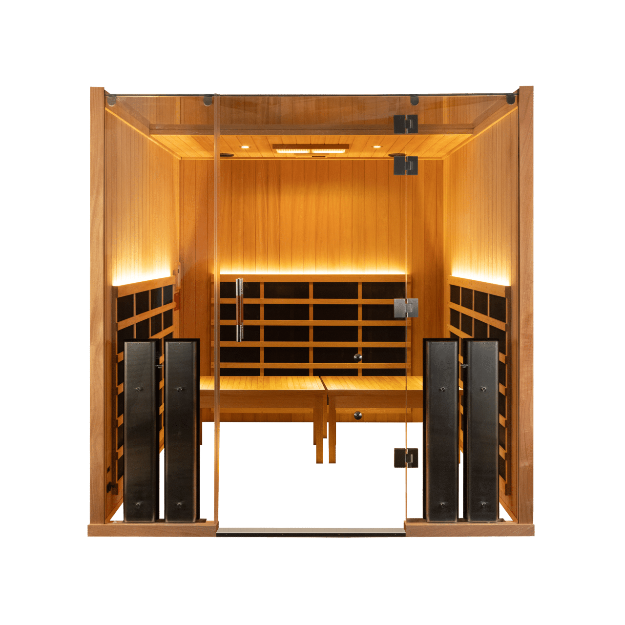 Wooden sauna interior with glass door, warm lighting, and tiered bench seating along the walls.