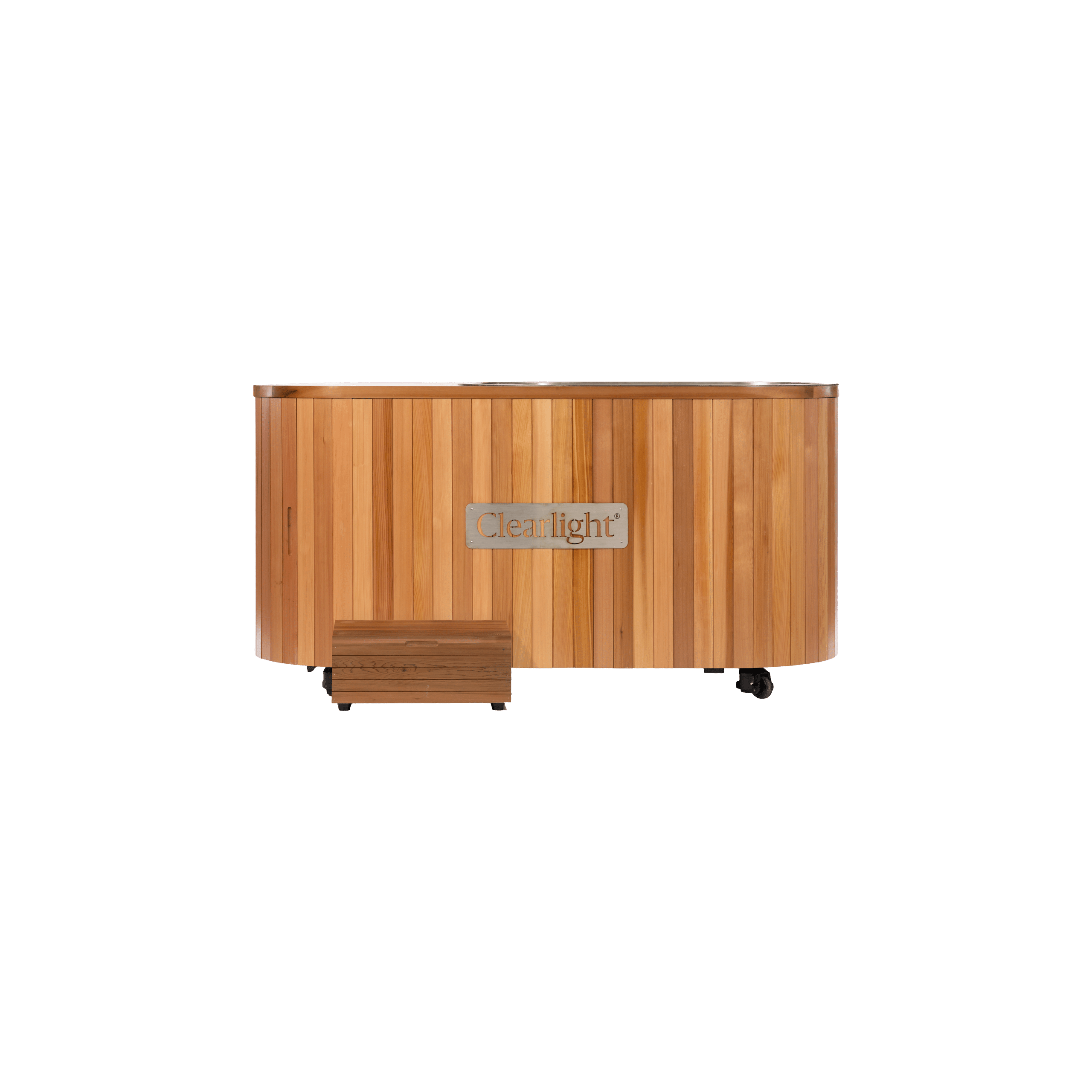 Wooden curved sauna cabinet with vertical slats, a metal Clearlight plaque on the front, and small wheels at the base (front view).