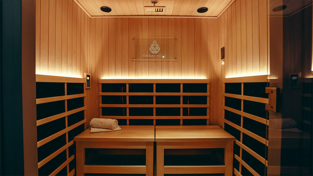 Wood-paneled sauna interior with two-level benches and warm indirect lighting, a folded towel on the left bench.