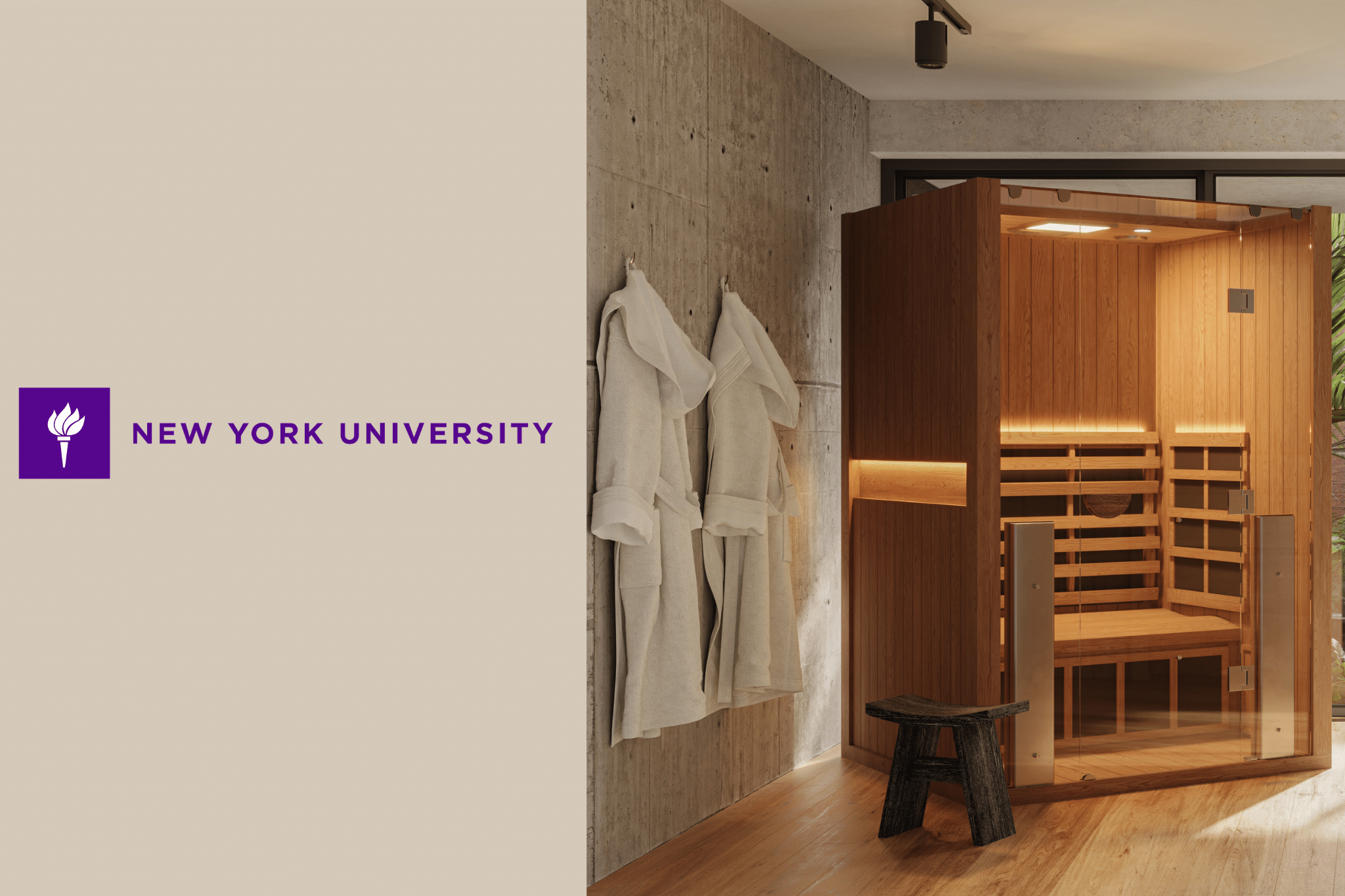 NYU logo on a beige wall beside a wooden sauna with towels hanging on a concrete wall edge and warm lighting inside the sauna.